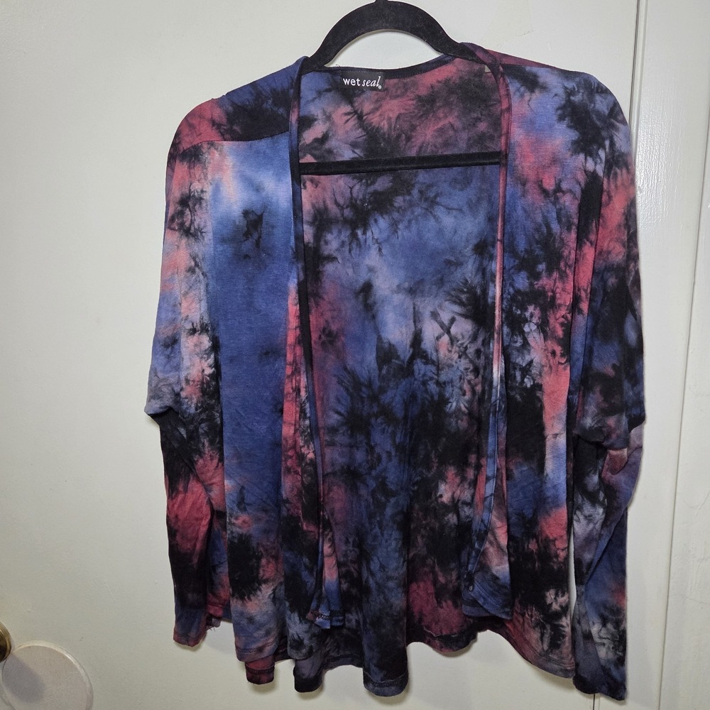 Wet Seal Tie Dye Cardigan Blue Pink Open Front Lightweight Boho Womens Small